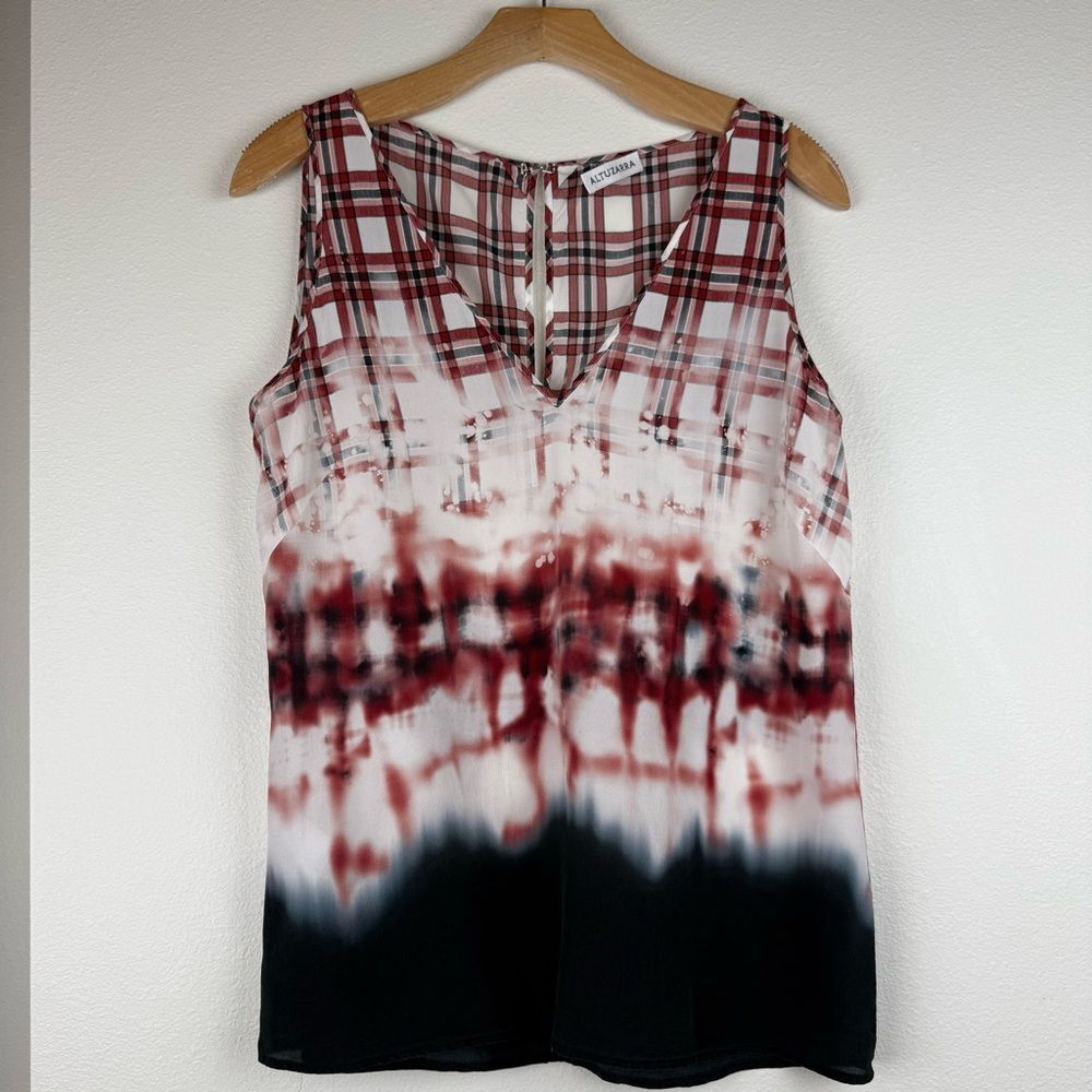 Altuzarra Red Checkered Silk Tie-Dye Tank Top Womens Small‎